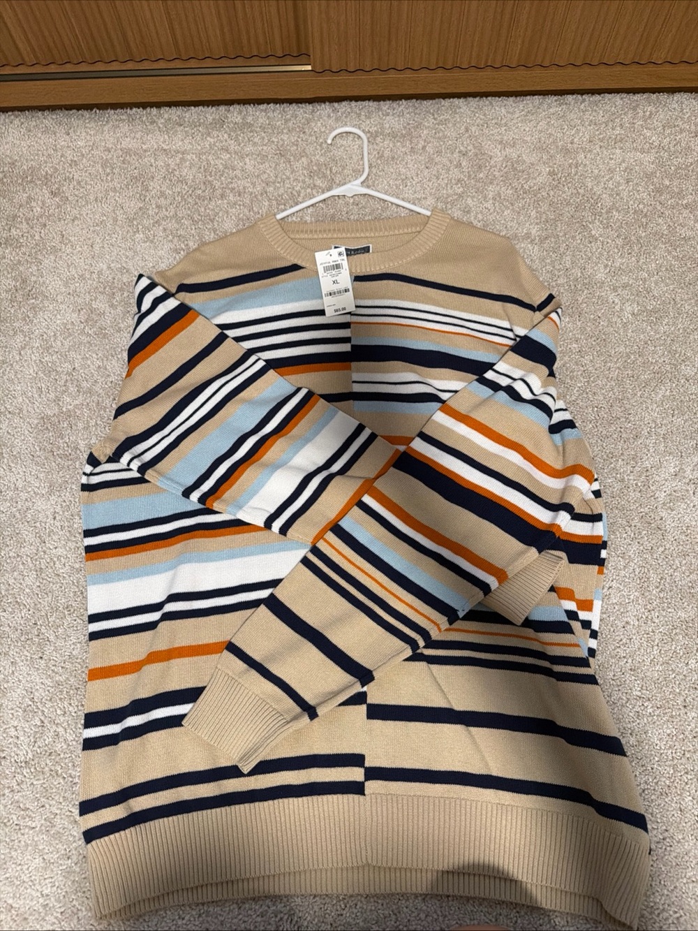 Club Room Beige Striped Crewneck Sweater with Navy, Light Blue & Orange